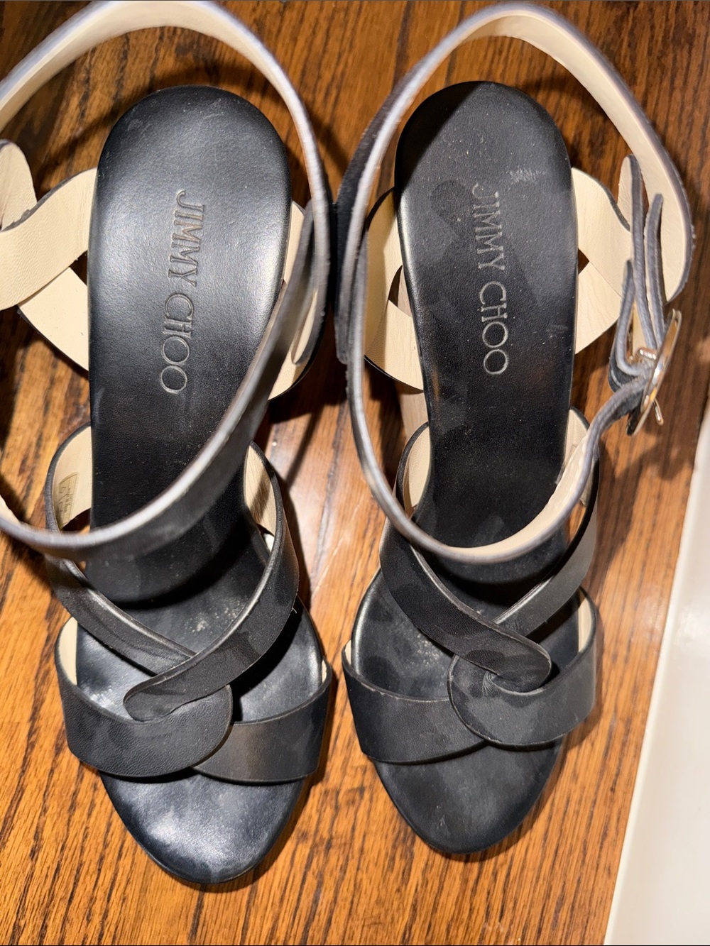 Jimmy Choo Black Leather Cork Wedge Sandals with Gold Buckles